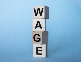 concept word WAGE on cubes on a light blue background