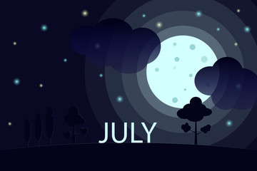 The inscription JULY on the background of the night summer sky full of the moon and stars