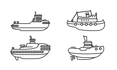 Set of tugboats. Collection of towboat ships in flat style.