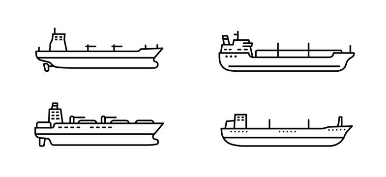 Set Of Large Tanker Ships. Modern Tanker Sea Vessel.