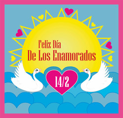 Swiming Swans, sun and water made of hearts, text in Spanish (Spain) meaning Happy Valentines day: Feliz Día De Los Enamorados, vector illustration