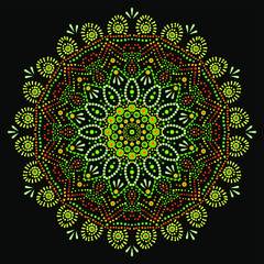 Spot painting point to point. Abstract design of mandala in dot paint style. Aboriginal-style dot painting. Yoga t shirt design