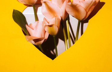 Heart-shaped tulips bouquet on yellow background. Romantic wallpaper. Copy space. Spring time. Mother's Day. Valentine's surprise 