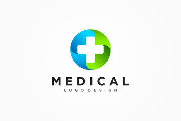 Medical Logo Healthcare Symbol. White Cross Sign Negative Space with Green Blue Circle Origami isolated on White Background. Flat Vector Logo Design Template Element.