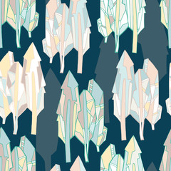 Vector modern seamless pattern decorative abstract colourful trees in stained-glass style on white. Can be used for backgrounds, printing on paper, stickers, badges, bijouterie, cards, textiles. 