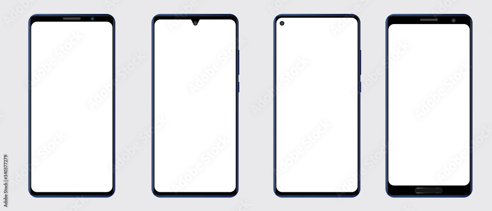 Wall mural realistic smartphone mockup front and back sides. mobile phone blank screen, white screen. device ui
