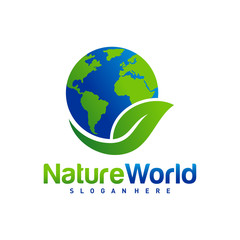 Nature World logo design template vector. Earth with Leaf logo concept. Planet and eco symbol or icon. Unique global and natural, organic logotype design template.