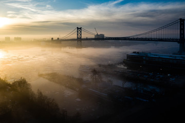 Aerial Drone Sunrise of Foggy Philadelphia 