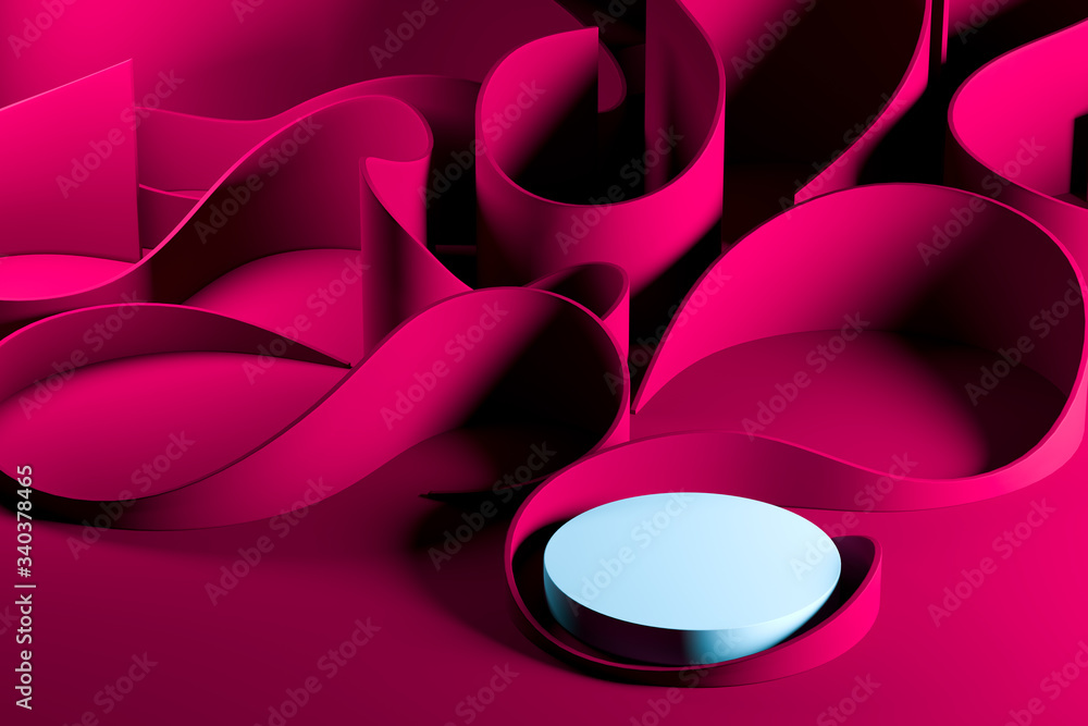 Aufkleber blue round showcase with empty space on pedestal on pink background near abstract waves. 3d renderin