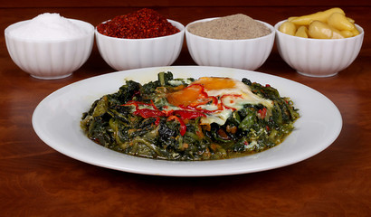 excellent turkish food, egg spinach and spicy on plate