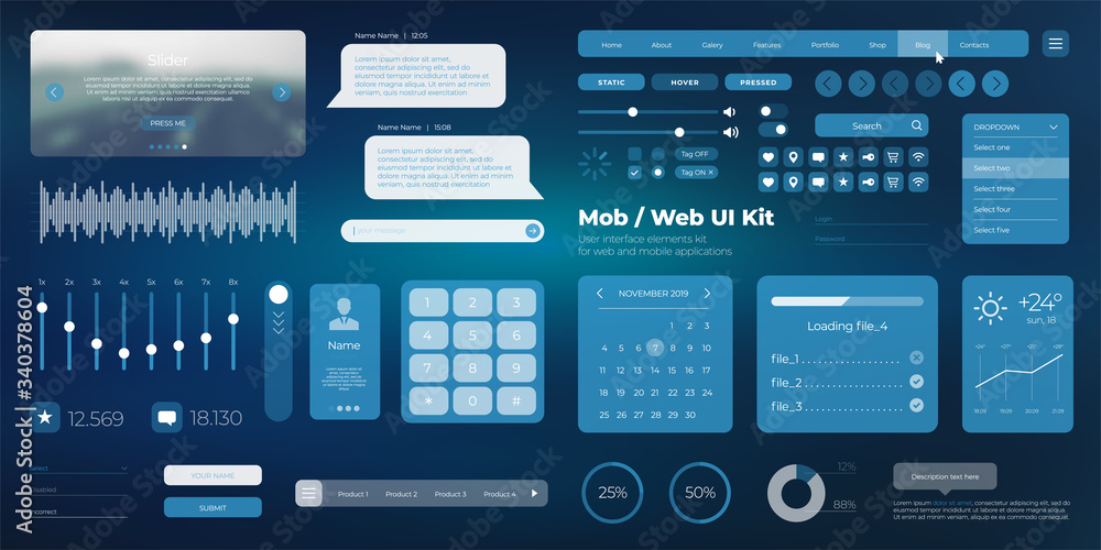 Aufkleber vector ui kit web template different ux, gui screens and flat icons for mobile apps, responsive webs