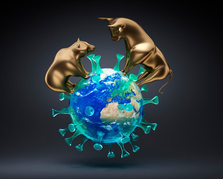 Bull and bear with corona virus - 3D illustration