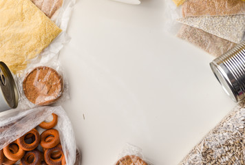 Food donations to help quarantine against coronavirus on a white background