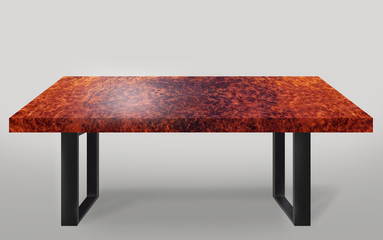 Table modern style made of Afzelia wood burl striped legs made of steel on floor gray backgroun
