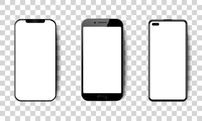 Set of realistic smartphones with blank screen, black cellphone with empty screen on isolated background, vector illustration