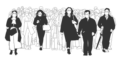 Illustration of Japanese city crowd with facemasks in black and white
