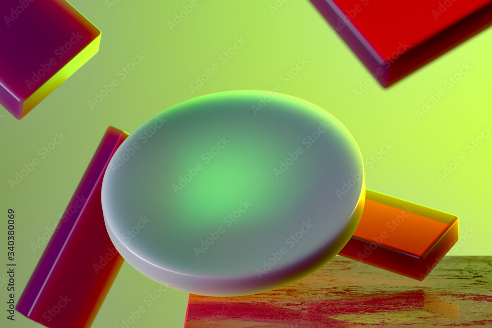 Poster illuminated round showcase near red plastic matte rectangles on bright green or yellow background. 3