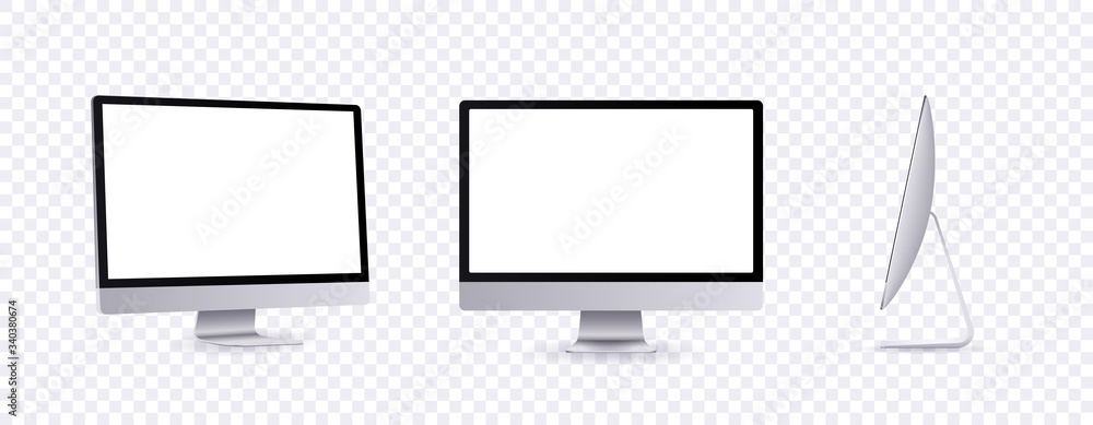 Poster personal computer mockup in front, side and angle view. silver modern flat monitor for business pres