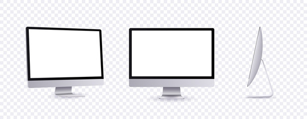 Personal computer mockup in front, side and angle view. Silver modern flat monitor for business presentation or website design show. Empty screen device set template, 3d vector illustration.