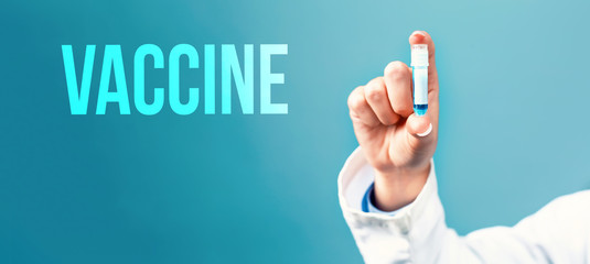 Vaccine theme with a doctor holding a laboratory vial on a blue background