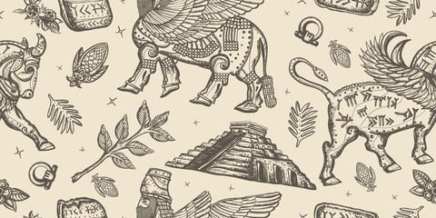Ancient Sumerian Civilization. Vintage seamless pattern. Mesopotamian goddess. Assyrian culture. Gilgamesh legends. Old school tattoo style. Middle East history background - obrazy, fototapety, plakaty