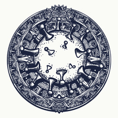 Aztec sun stone and coronavirus virus. COVID-19 art. Color tattoo and t-shirt design. Mayan calendar. Ancient hieroglyph signs and symbols. Mexican mesoamerican monolith. Totem