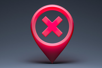 Red Map Geo Tag Pin With Prohibition Sign. Stay Home Warning Sign. Quarantine. Self Isolation. 3d rendering.