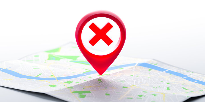 Red Map Geo Tag Pin With Prohibition Sign on Map. Stay Home Warning Sign. Quarantine. Self Isolation. 3d rendering.