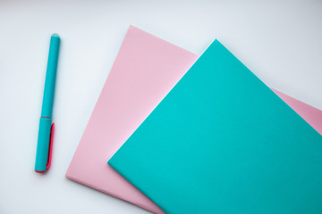 colorful notebooks and pen on a white background