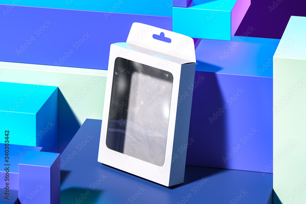 Poster blank white cardboard box on blue abstract background with rectangular and foursquare figures. 3d re