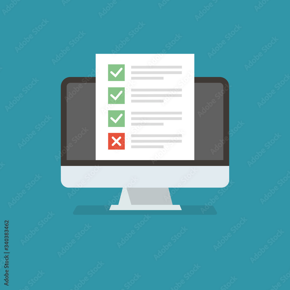 Fototapete DIsplay monitor in flat style with list and checkbox and marks. Desktop computer with checkbox screen. Online form survey on pc computer.
