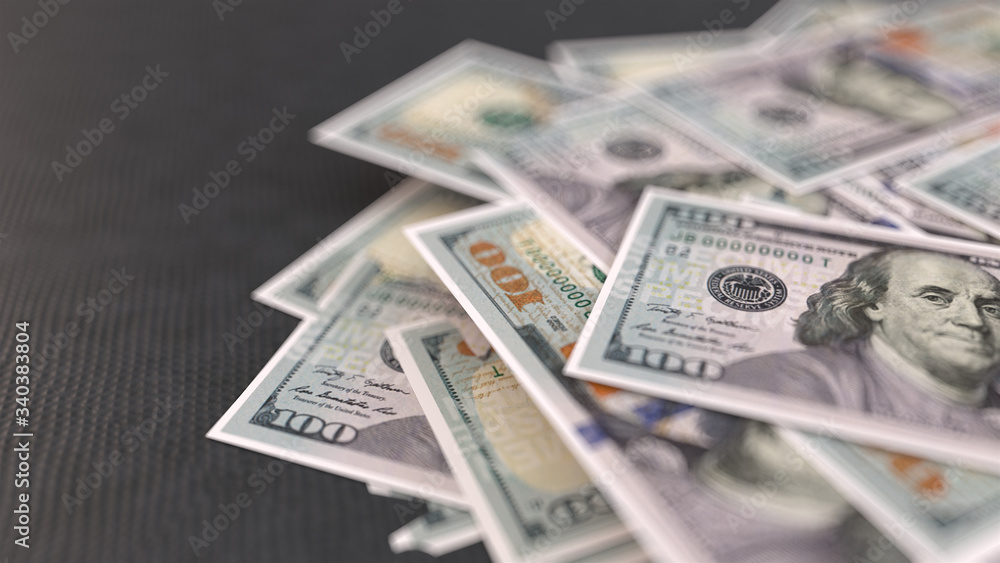 Poster one hundred dollars background on white background with depth of field. dollar banknotes. 3d illustr