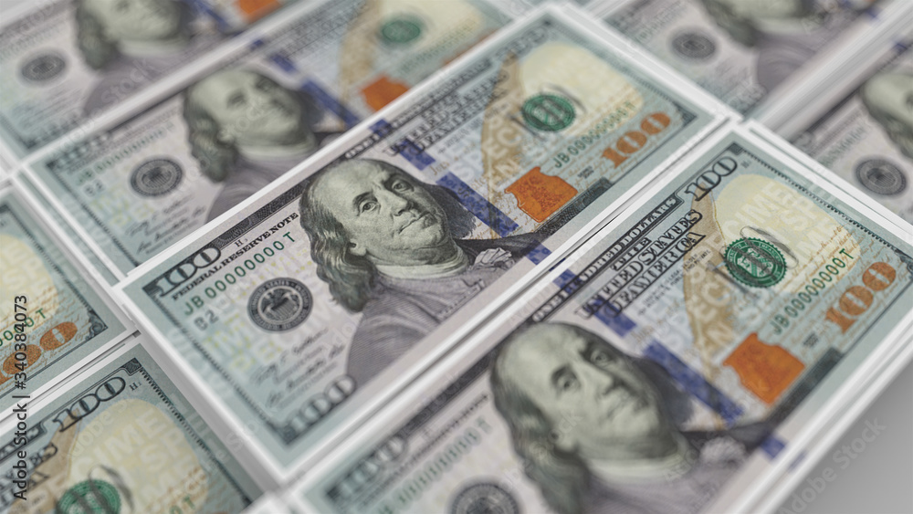Poster one hundred dollars background on white background with depth of field. dollar banknotes. 3d illustr