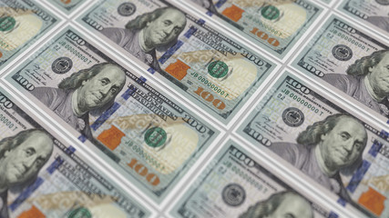 One hundred dollars background on white background with depth of field. Dollar banknotes. 3d illustration.