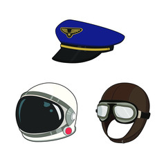 Air force hat set. Pilot cap and vintage hat, astronaut space suit helmet. Vector graphic illustration.
