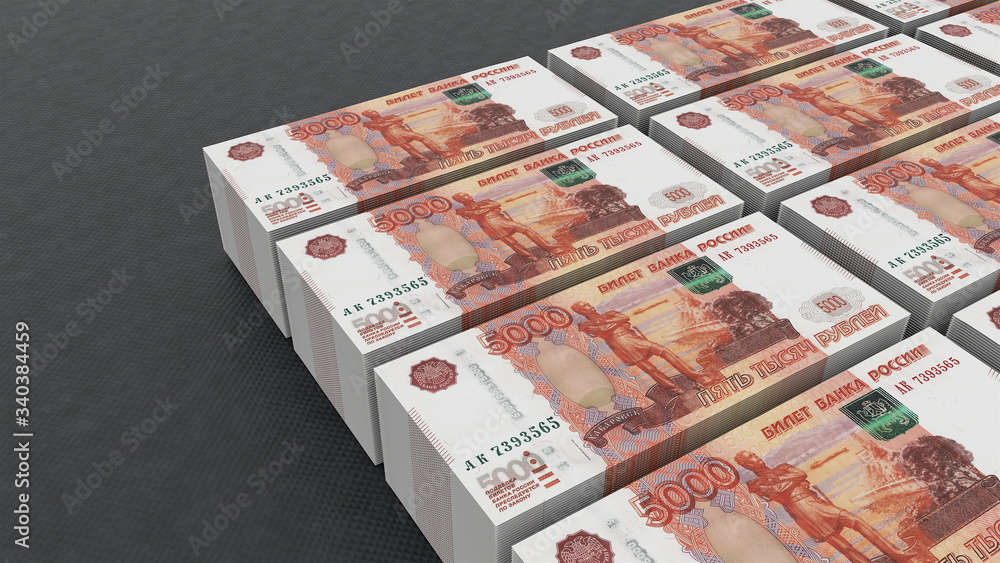 Poster the stacks of five-thousandths banknotes of rubles with a depth of field on a black background. 3d i