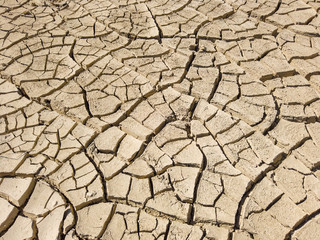Overhead top view of dry arid soil with cracks during intense heat. Lack of water on agriculture field. Concept of global warming.