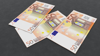 Three euros banknotes with a depth of field on a black background. 3d illustration.