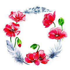 Wreath of flowers and feathers on a white background, watercolor illustration