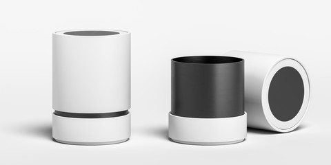 Blank White And Black Cylindrical Boxes on White Background. Packaging Template. Mock up. 3d rendering