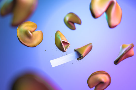 Soaring Chinese Cookies with Blank Paper For Prediction and Text on Light Violet Background. Fortune Cookies. 3d rendering