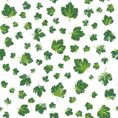 Green gooseberry leaves seamless pattern. Spring foliage repeating texture. Handcrafted nature plant decoration for fabric design, wallpapers, wrapping paper and others. EPS8 vector illustration.