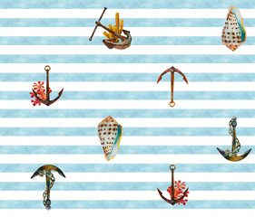 Romantic sea seamless pattern with watercolor anchors, corals and seashell in light blue, white, brown and red colors
