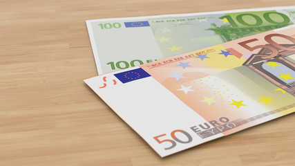 Two euros banknotes with a depth of field on a wooden background. 3d illustration.