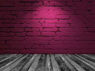 Brick wall with spotlight. Interior dark red background wooden floor