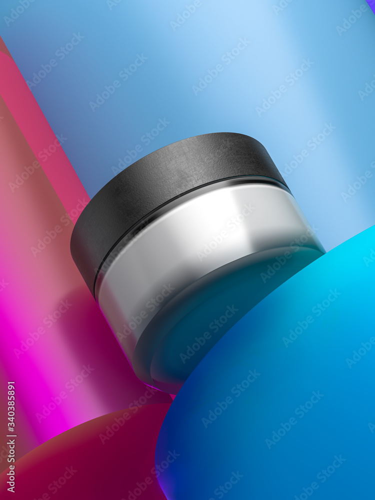 Poster blank white template of cream jar on multicolored abstract background. beauty product package. 3d re
