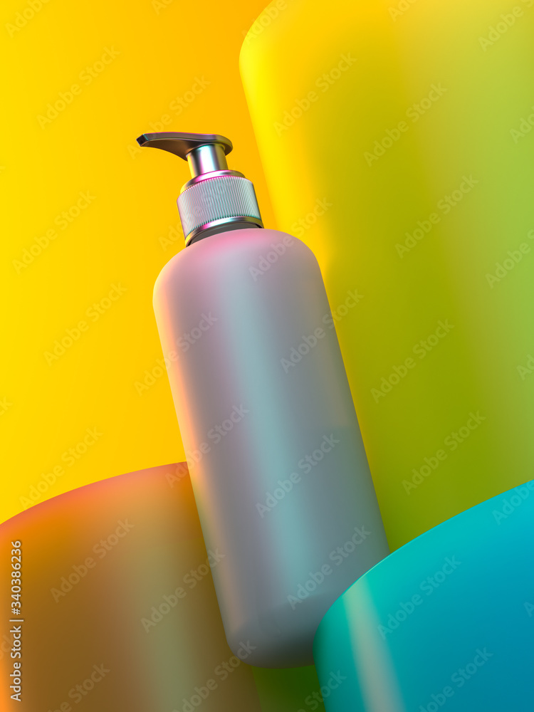 Poster white template of plastic dispenser on multicolored abstract background with copy space. empty space