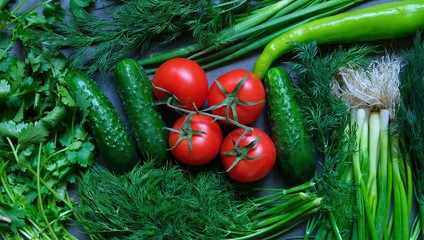 Freshly picked vegetables-tomatoes, cucumbers, onions, peppers, dill, coriander on a dark gray background. Vegetable composition 