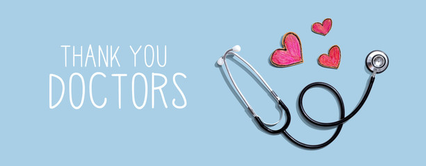 Thank You Doctors message with stethoscope and hand drawing hearts