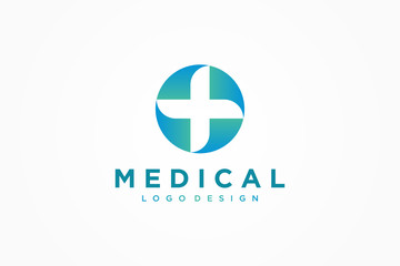 Fototapeta na wymiar Medical Logo Healthcare Symbol. White Cross Sign Negative Space with Green Blue Circle Origami isolated on White Background. Flat Vector Logo Design Template Element.